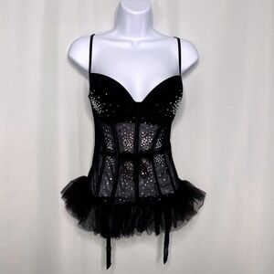 Victoria's Secret Black Rhinestone Mesh Corset Bustier Top 34D Garter Balletcore